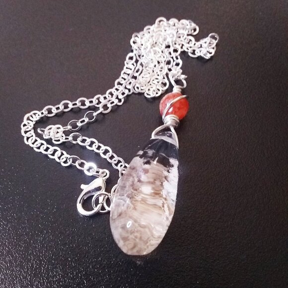 Clear Quartz w. Natural Rock Inclusions + Orange Agate Top Bead! Chain Included - Picture 6 of 8